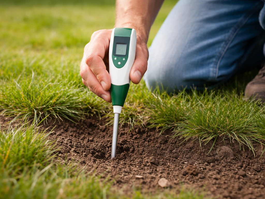 Iemand meet de bodem-pH voor het gazon met een pH-meter in de grond.