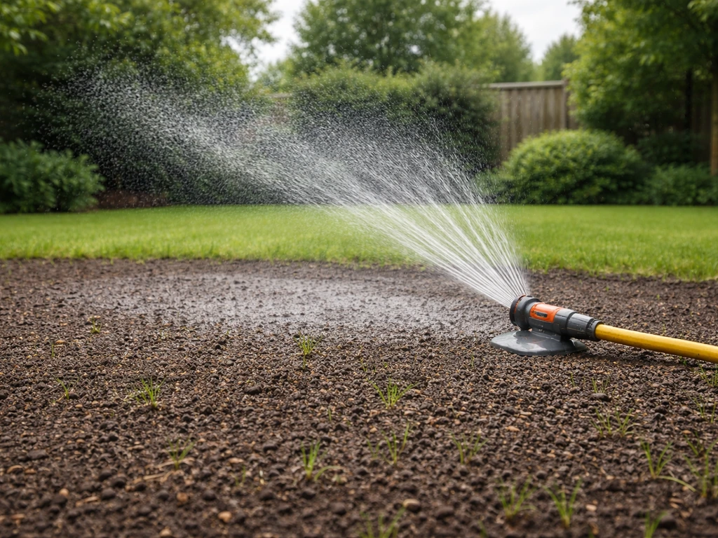 Tuinsproeier besproeit ingezaaid gras; vochtige grond en beginnende kiemplantjes na het zaaien.