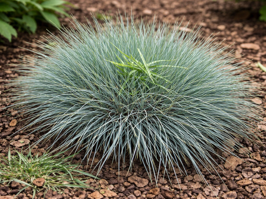 Close-up van blauw schapengras (blauwgrijze Festuca glauca) in een tuinborder, duidelijk zichtbaar en fris.