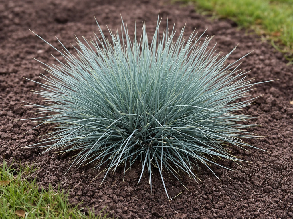 Blauwgrijze pol Festuca glauca (blauw schapengras) met fijne grassprieten in een tuin, van dichtbij.