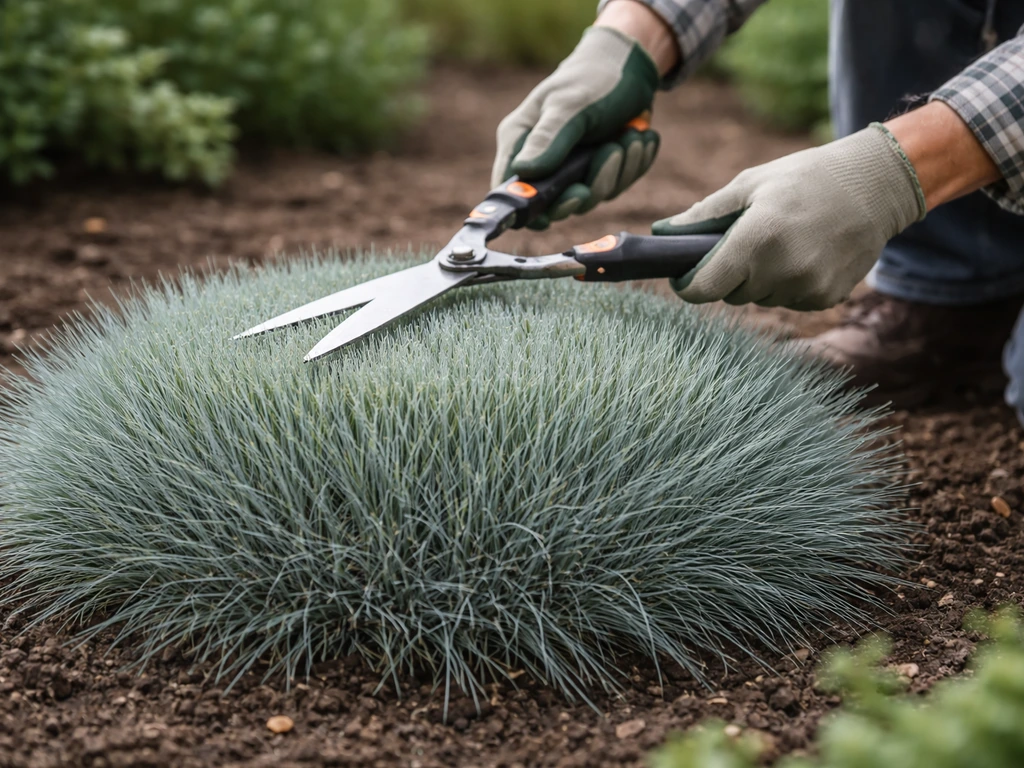 Tuinier knipt een pol blauw schapengras (Festuca glauca) bij met een scherpe schaar, nette snijrand.