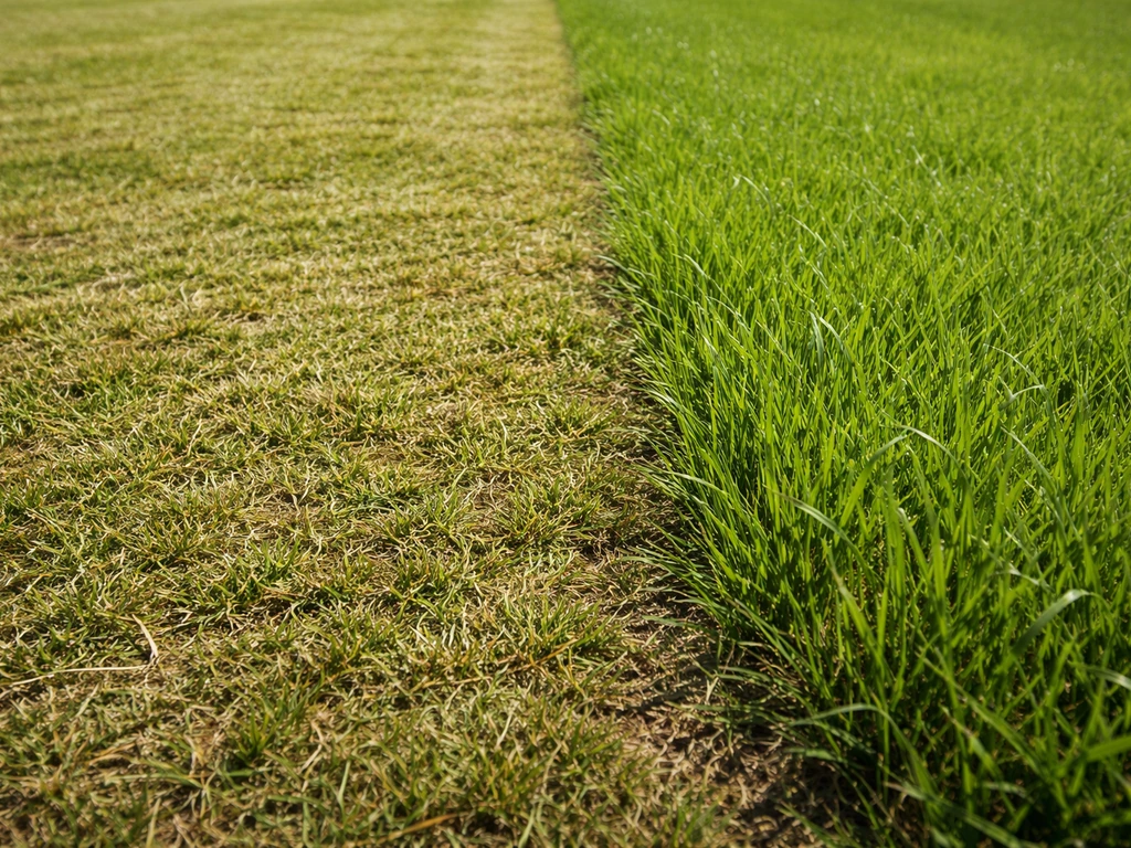 Gele en bruine plekken in gemaaid gras direct na het knippen, met nieuwe groene sprietjes aan de rand.