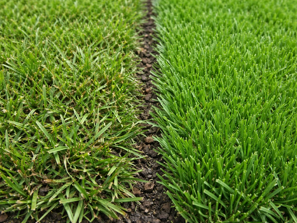 Close-up van gras: links plukkerig met bruine puntjes, rechts netjes gesneden.