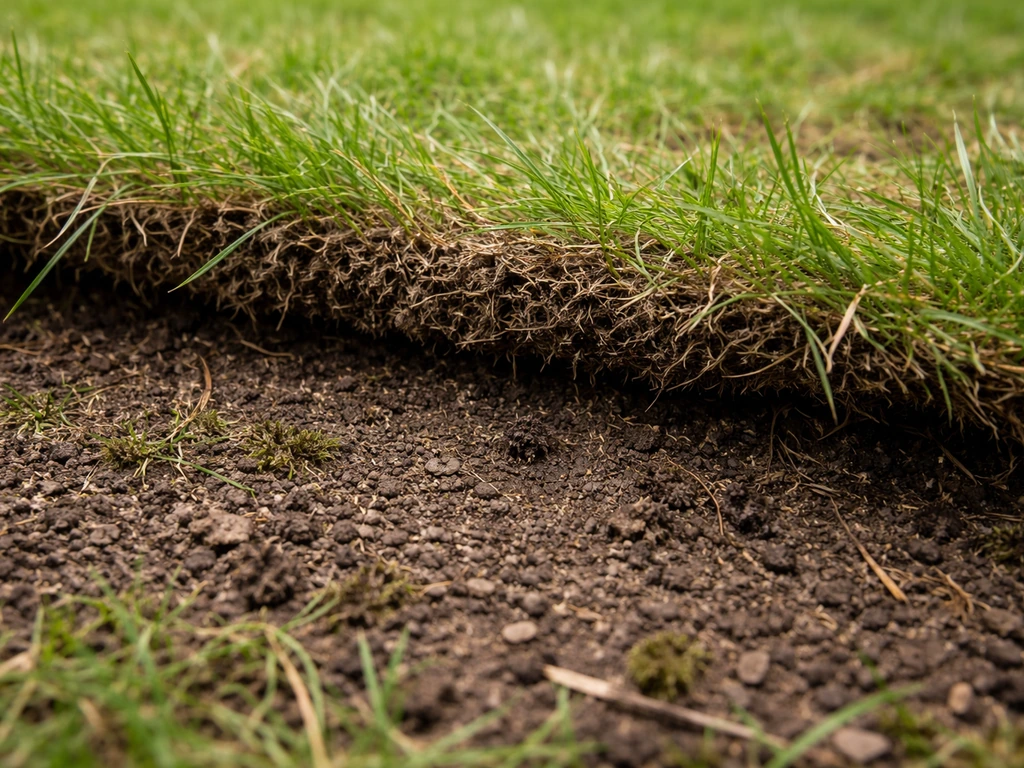 Opengetrokken gazonstrook met zichtbare viltmat en graswortels, na harken/verticuteren.