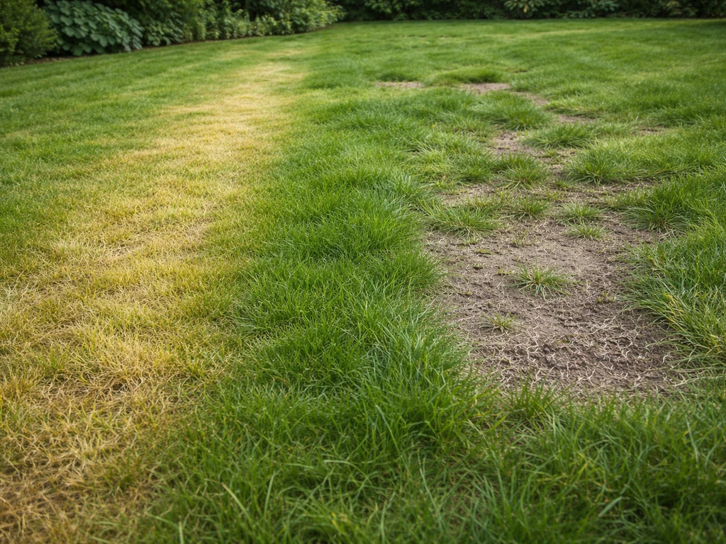 Zelfde gazon met geel/dof gras, dunne plekken en ongelijk groei, scherp en realistisch in daglicht.