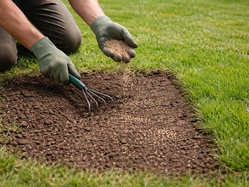 Tuinman die kale plek in gazon doorzaait; open grond met zaad/kiemlaag en lichte inharksporen, naast dichtgroei.