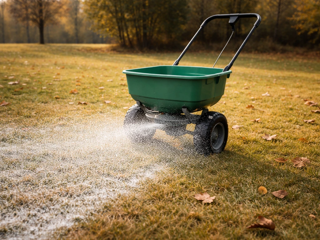 Najaars gazon met een tuinstrooier die gelijkmatig kalk over het gras verdeelt.