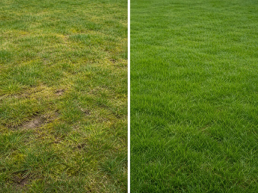 Gazon links met mos en gele plekken, rechts gezonder en groener gras als “vóór en na” effect.