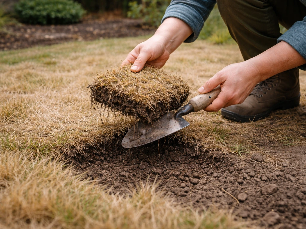 Tuinier steekt met een schopje een vak gras uit om te checken of het nog leeft