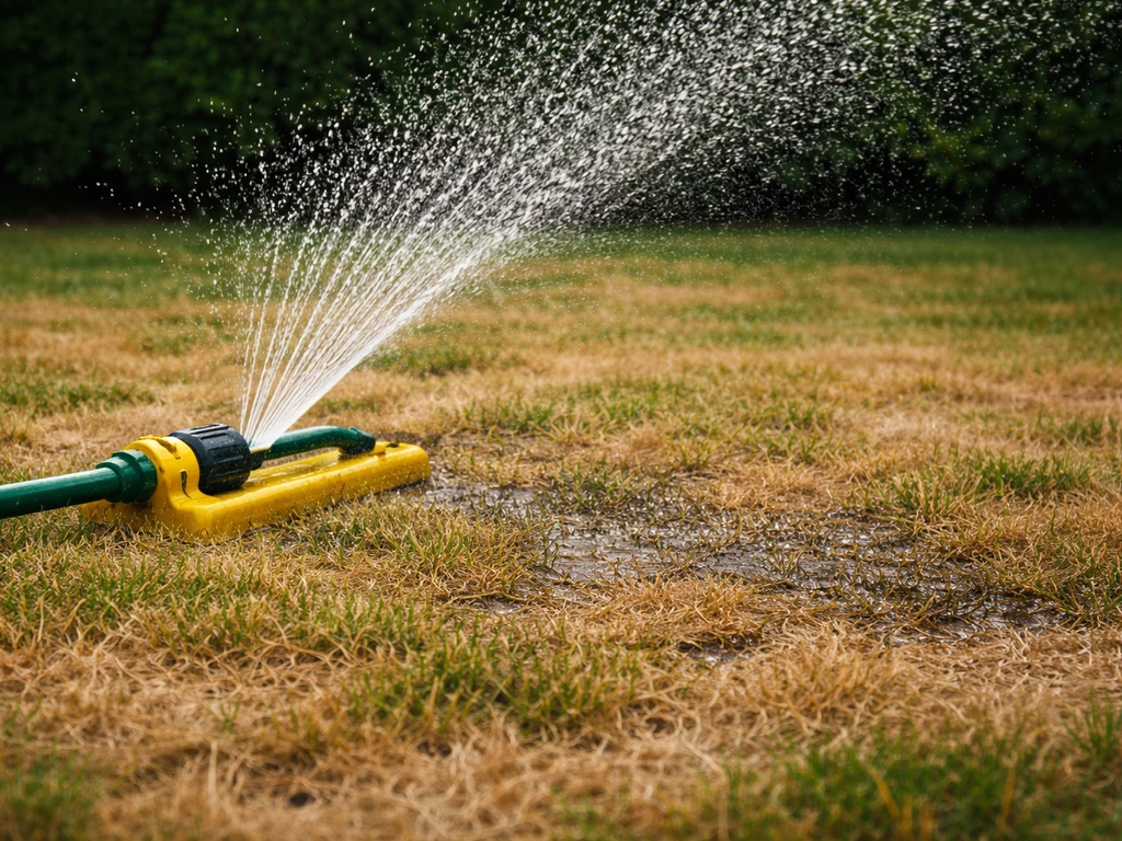 Uitgedroogd gazon terwijl een sproeier/tuinslang water sproeit en de toplaag snel vochtig wordt.