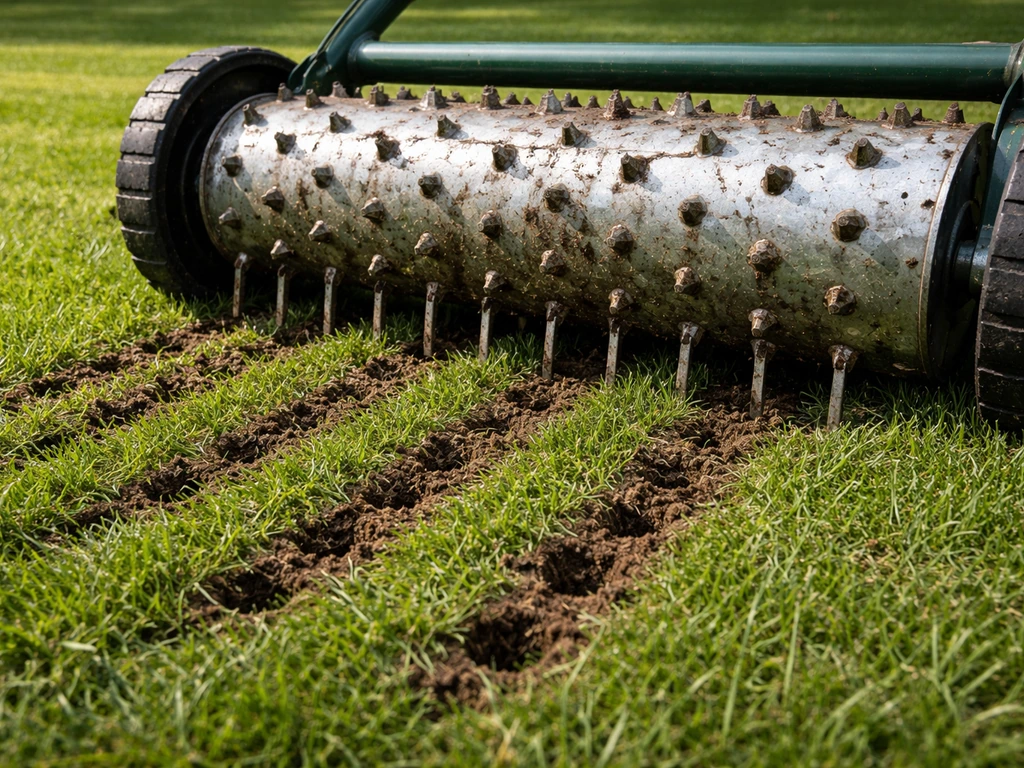 Close-up van een gaatjesroller die verticale gaten in het gazon prikt voor betere water- en luchtdoorlaatbaarheid.