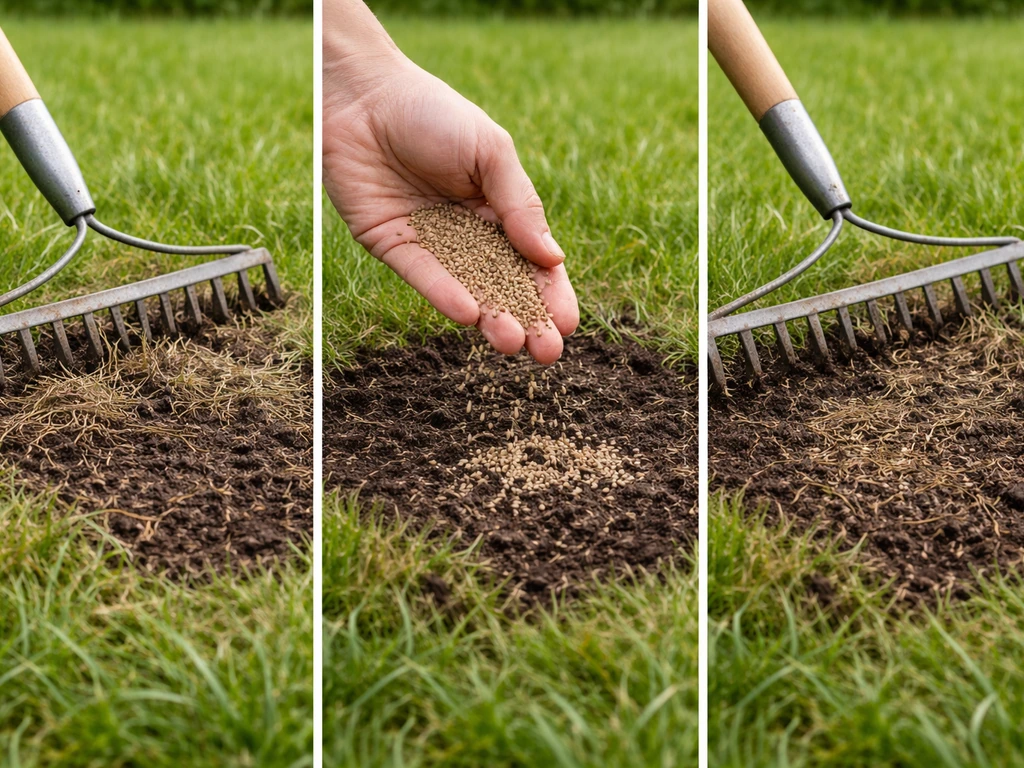 Handen en hark die dode grasresten wegschrapen en graszaad in kale plek op een gazon inbrengen