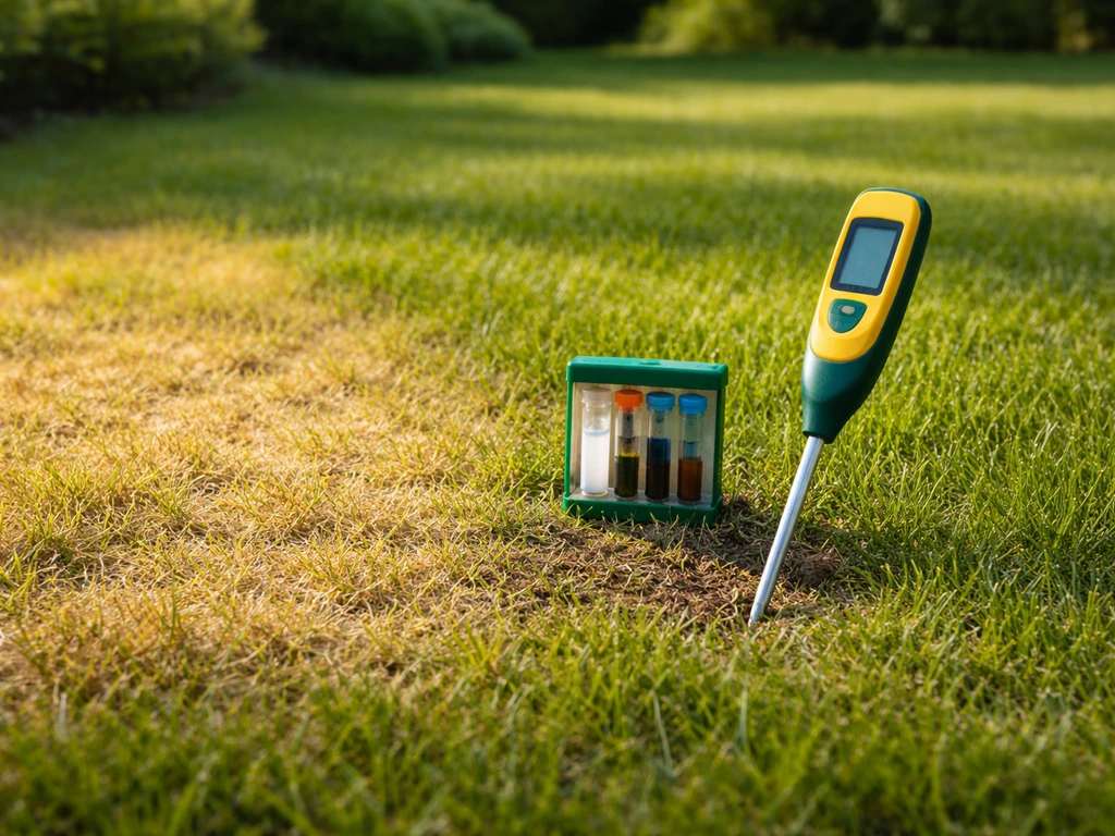 Gazon met onregelmatig geel/verkleurd stuk en een pH-meter naast een bodemtestkit