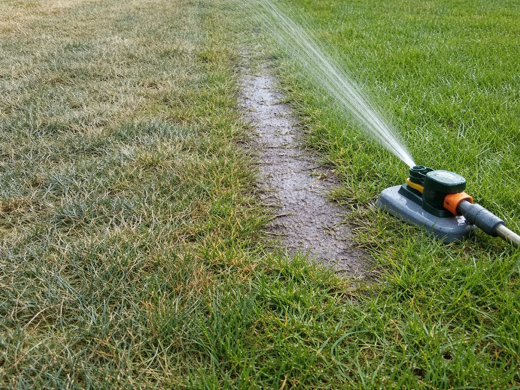 Grijs-blauwachtig verkleurd gras bij een klein sproeitraject met een zichtbare sproeikop, rustige tuinsetting.