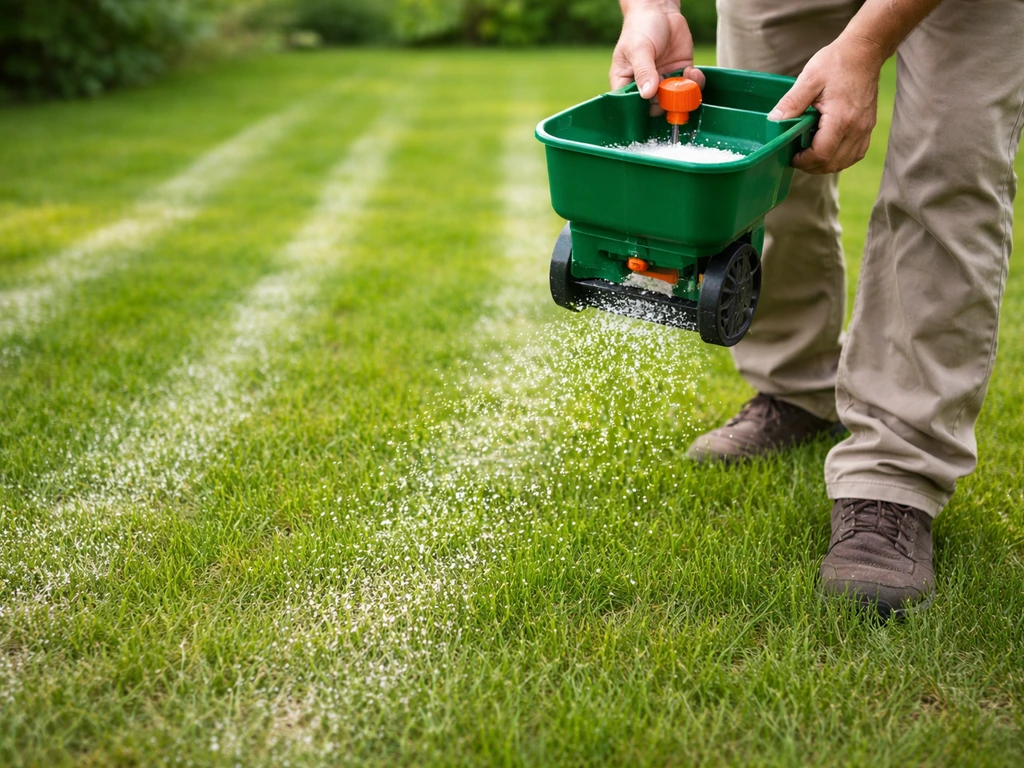 Anonieme tuinier strooit gazonmest op een gazon; korrels vormen zichtbare strookjes op het gras.