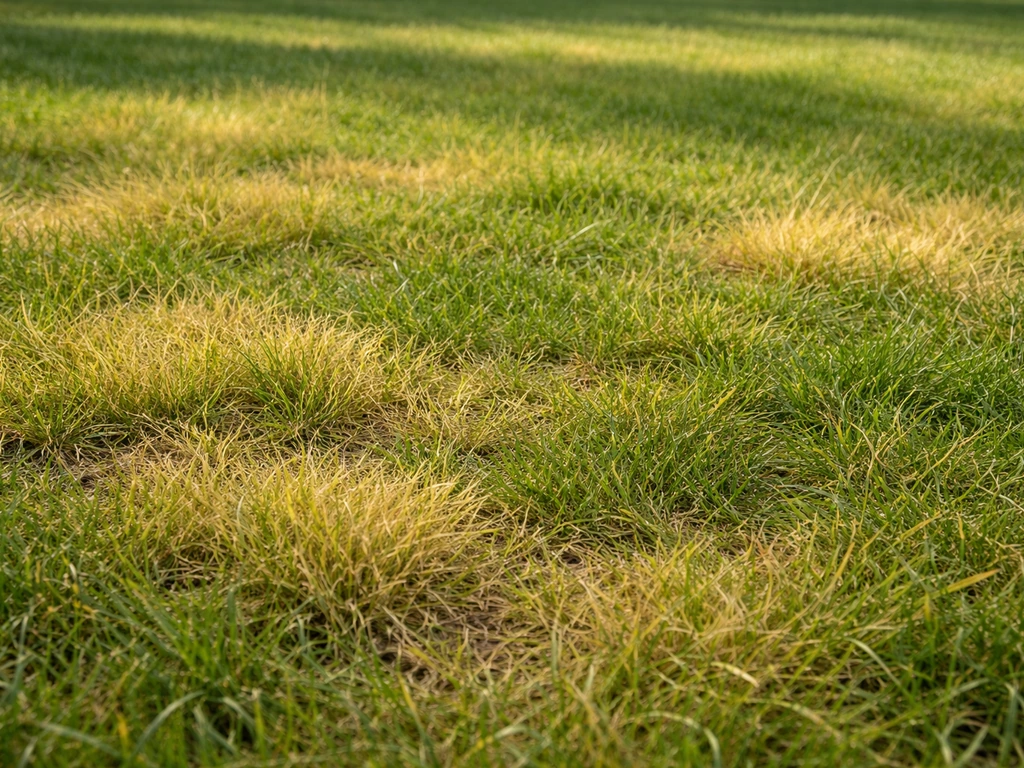 Close-up van een gazon met geelverkleurd gras en ongelijkmatige plekken in lichtgeel en lichtgroen.