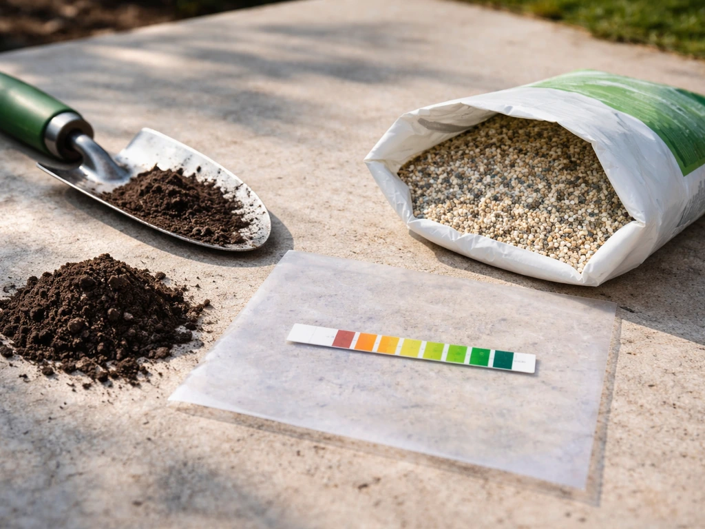 Schepje grond, pH-teststrip en gazonmeststof naast elkaar op een oprit, minimalistisch en realistisch.