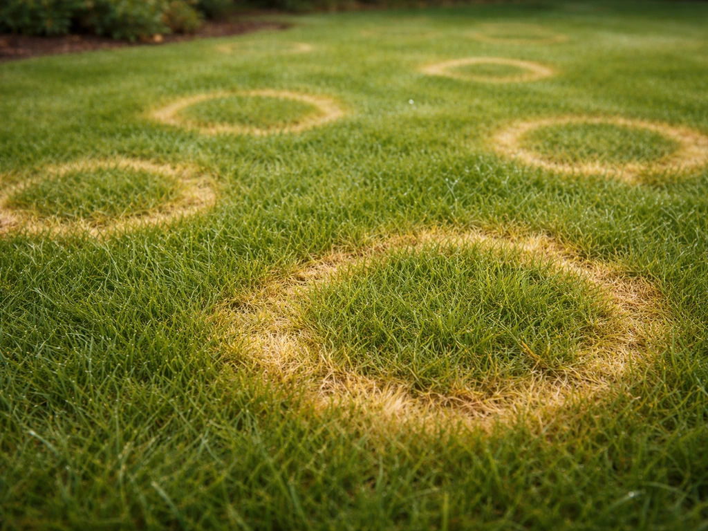 Close-up van een gazon met ronde geelbruine ringplekken die op kringvlek (Fusarium) wijzen.