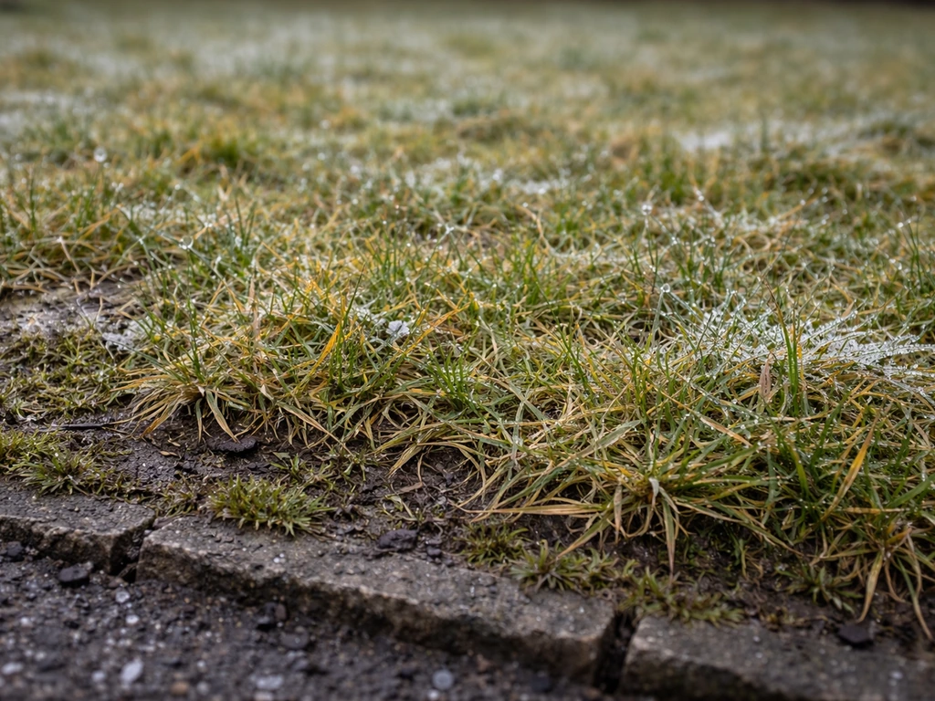 Vergeeld en dun gazon in februari met natte graspolletjes na regen en lichte vorstsporen
