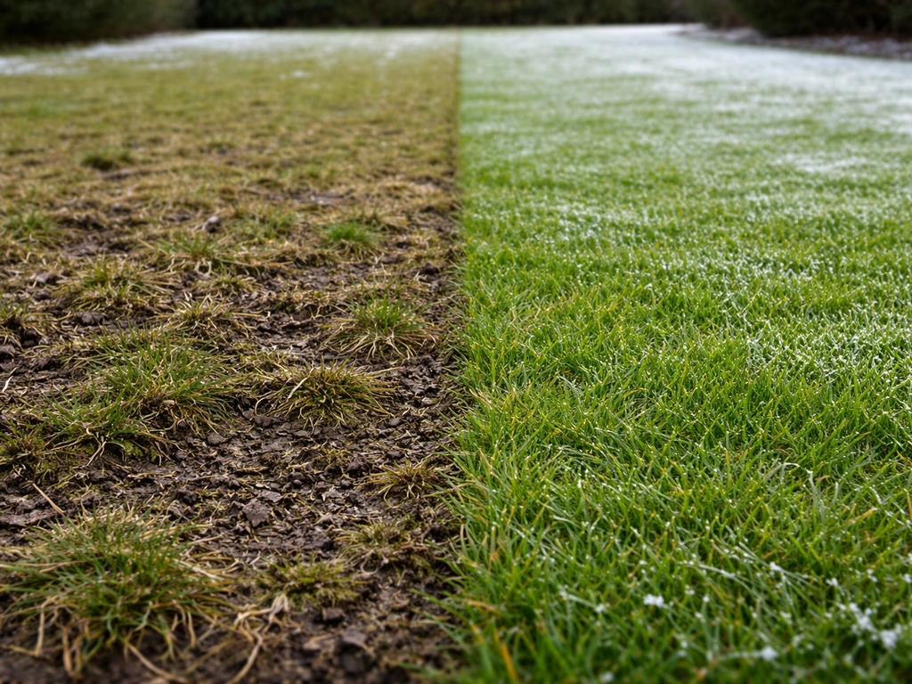 Links verkruimelde natte grasmat, rechts een gezonde wintergroene grasrand met nette structuur