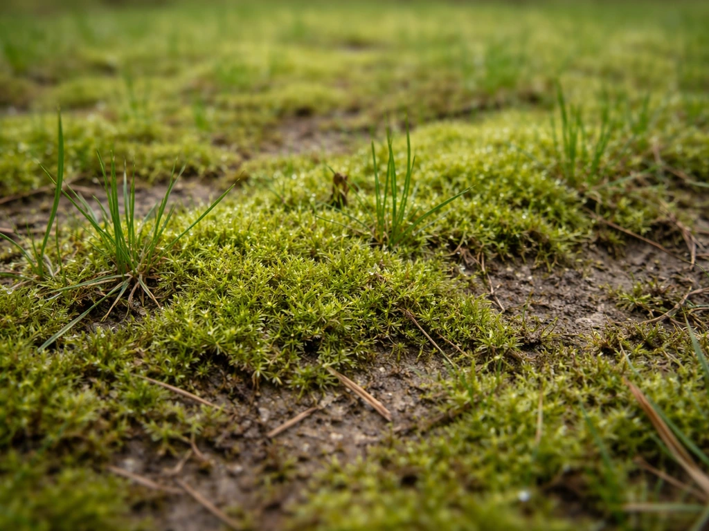 Close-up van mos op een vochtig gazon, met kale/zwakke plekken en grassprietjes eromheen in februari