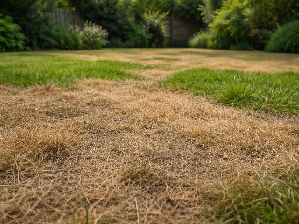 Bruin, dor gazon met een paar duidelijke groene zones in een rustige achtertuin.