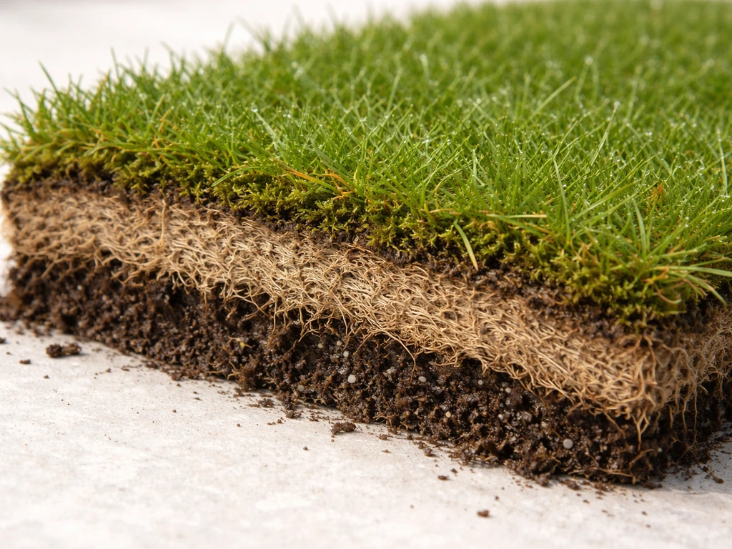 Close-up van een grasmat met een dikke kurkachtige vilt- en moslaag die de bodem afsluit.