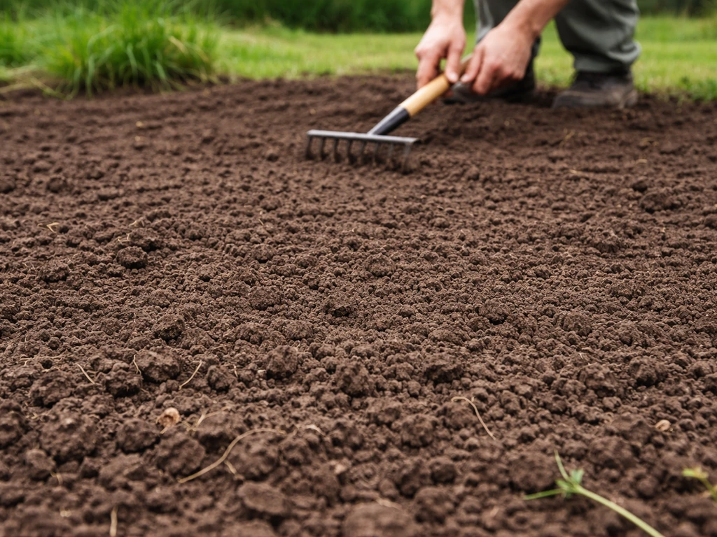 Bewerkte grond in de tuin, met vilt en onkruid verwijderd en de bovenlaag tot circa 10 cm klaargemaakt.