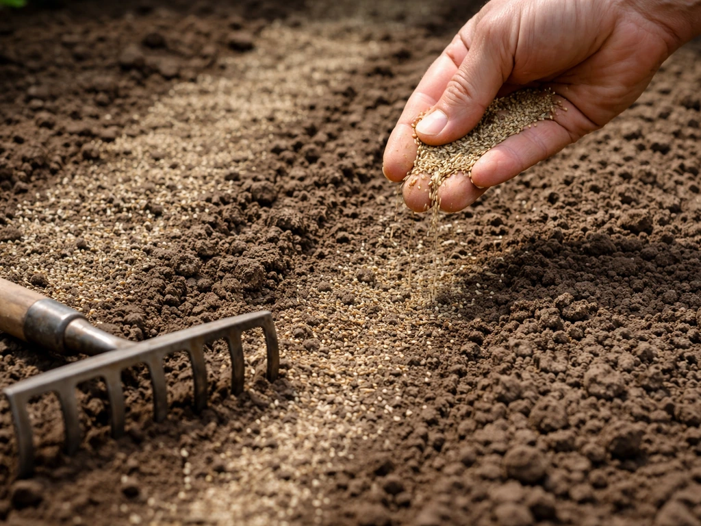 Close-up van graszaad dat gelijkmatig op een fijn klaargelegde grond wordt uitgestrooid en licht aangeharkt.