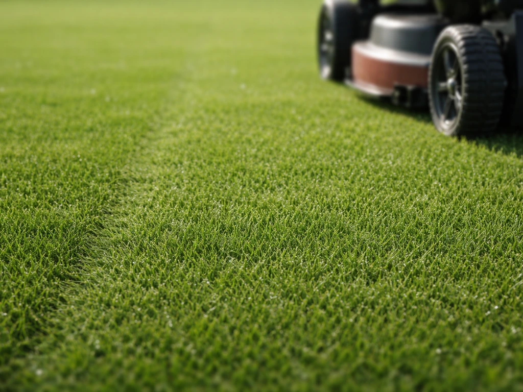 Detail van laagblijvend siergazon met zeer korte sprietjes en maaierwiel vooraan, maaihoogte rond 2–3 cm.
