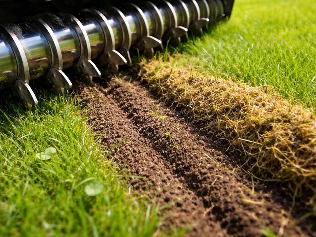 Verticuteermes in een gazon dat de viltrijke laag opensnijdt, met schone, opengewerkte grond ernaast.