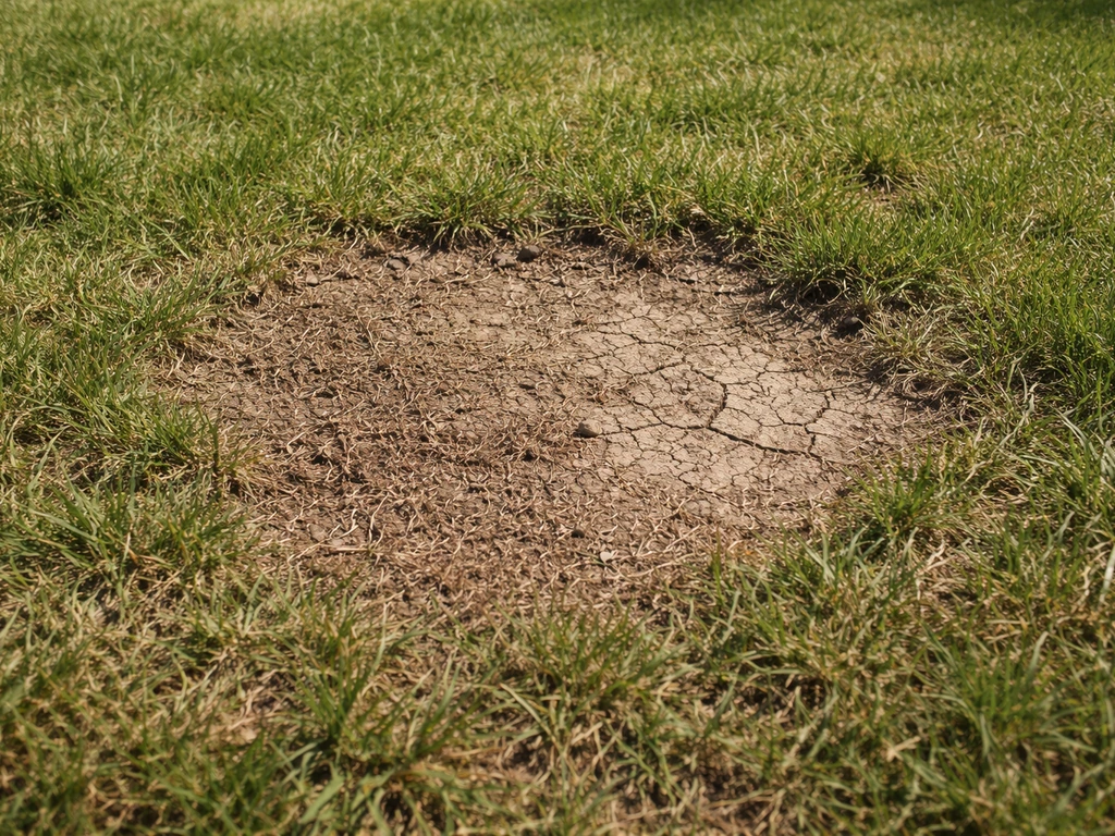 Close-up van een gazon met kale plekken, uitgedund gras en een zichtbare viltlaag bij droogte.