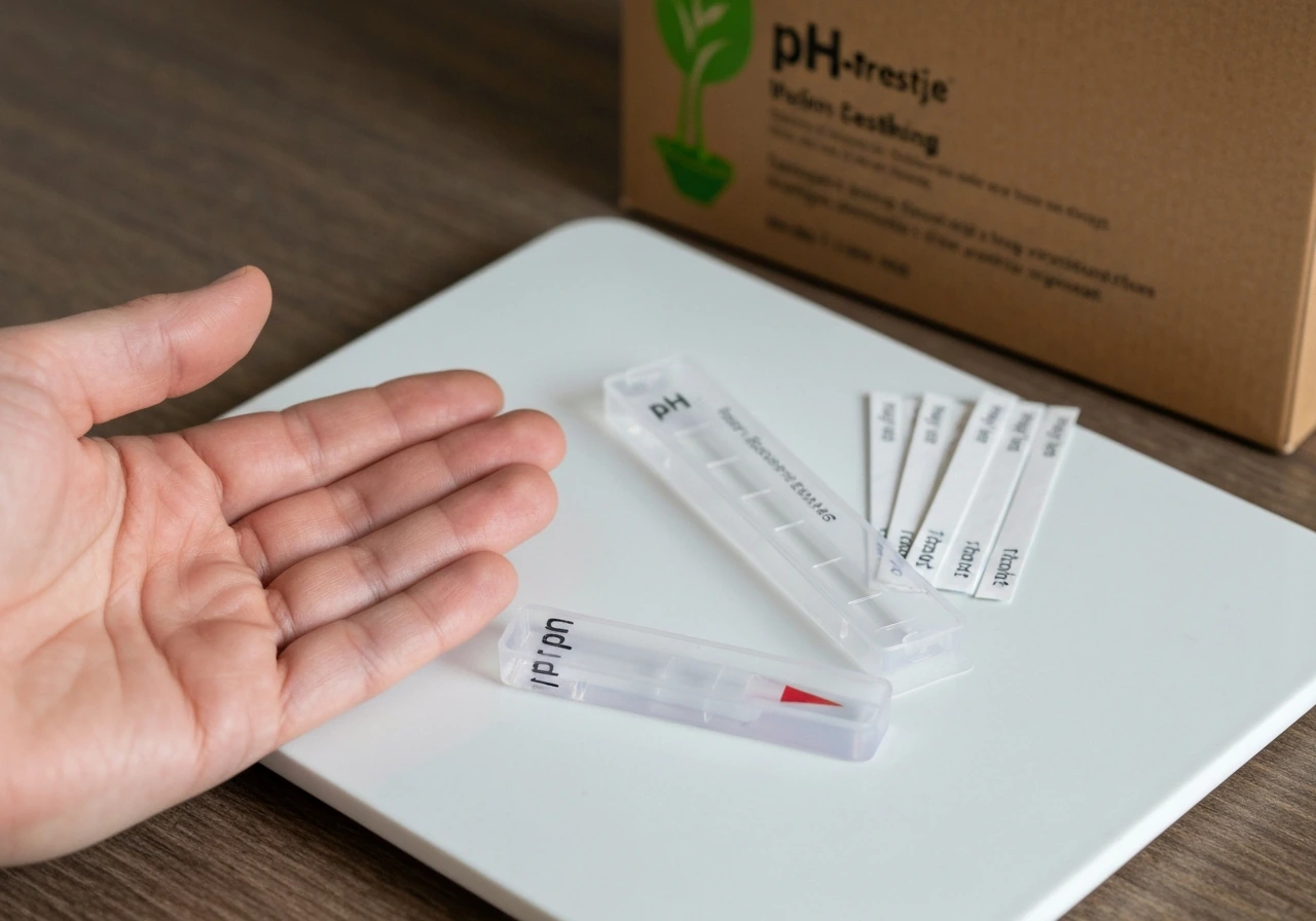 Close-up van een pH-test met grondmonster en teststrips op een tafel, klaar om bodem-pH te meten.