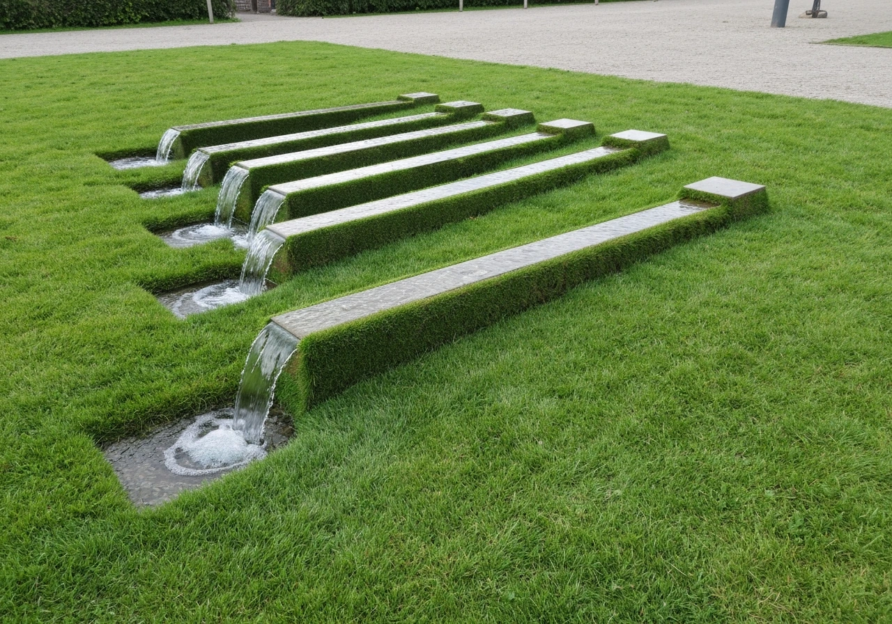 Sproeiers nevelen gelijkmatig water over een groen gazon, met zichtbaar nat gras.