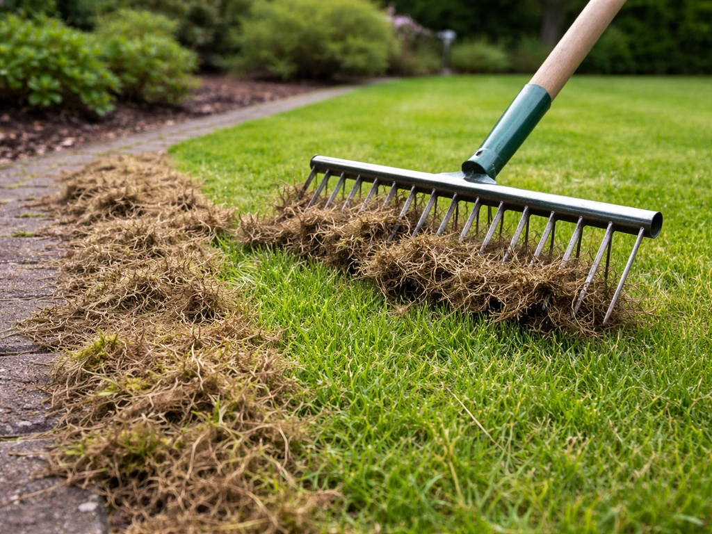 Verticuteerhark trekt vilt en dood plantmateriaal uit een gazonstrook, met zichtbare resten naast het gras.