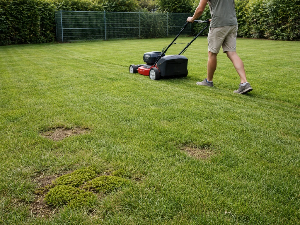 Gazon dat begin september op 4–5 cm wordt gemaaid, met zichtbare kale plekken en wat mos