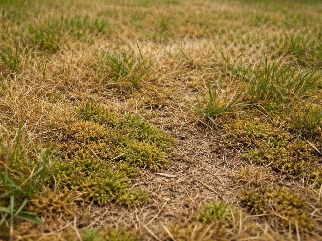 Close-up van geel en bruin gras met mos en dunne, kale plekken in een gazonrand.