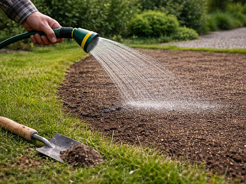 Tuinier besproeit een nieuw ingezaaid gazon met een irrigatieslang; gelijkmatige waterstraal en bodemcontext.