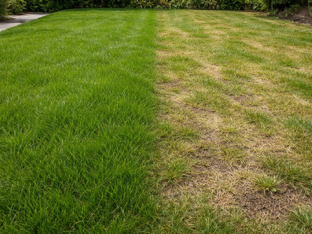 Vergelijking van gezond middengroen gazon met dun, geel/bruin en dof gras in een eenvoudige tuinstrook.
