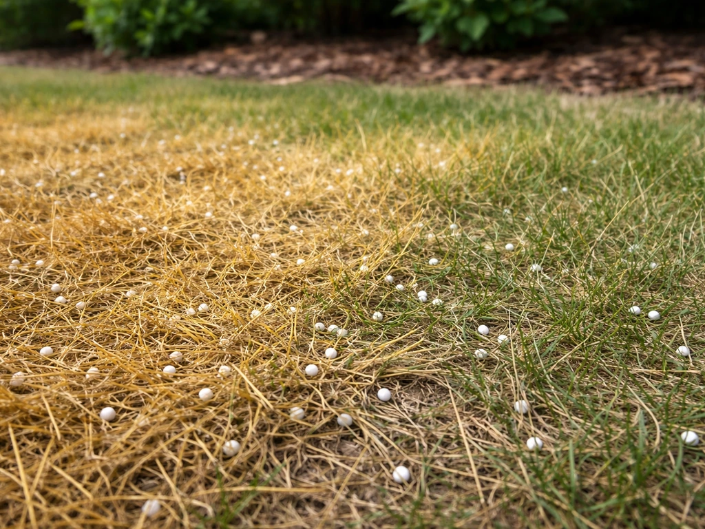 Close-up van geel en dof gras met bemestingskorrels op het gazon, passend bij voeding en pH.