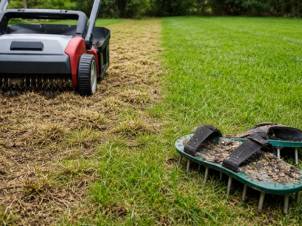 Gazonstrook met opengewerkte grasmat, verticuteerhark en beluchtingspriemen in een rustige tuin.