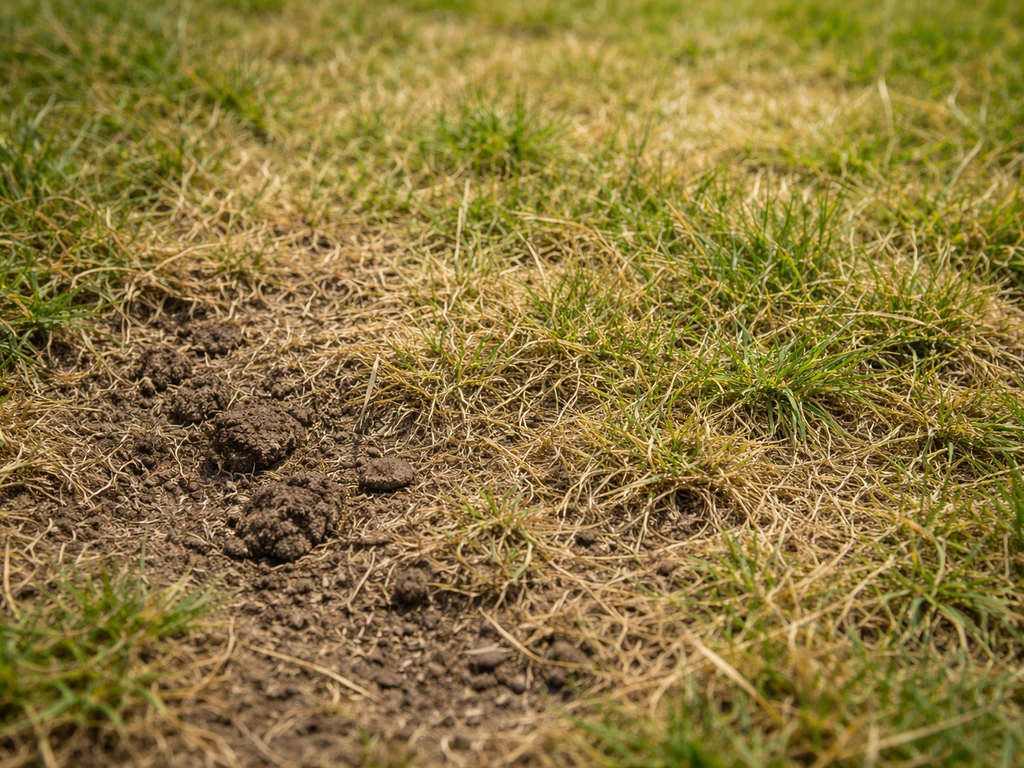 Close-up van een gazon met geel, dof gras, een zichtbare viltlaag en verdichte grond op één plek.