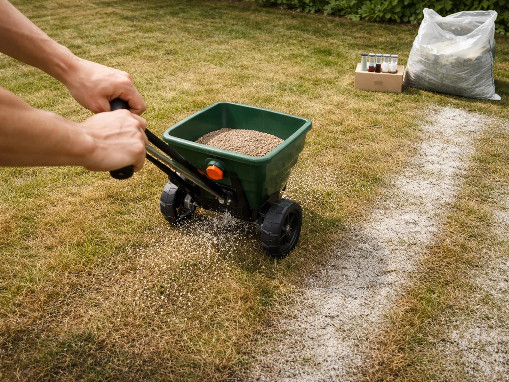 Hand strooier die kalk en gazonmest over dof geel gras uitstrooit in een rustige tuin
