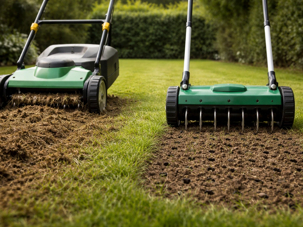 Tuinman maakt grasmat beter: verticuteermachine pakt vilt op en een beluchter laat open bodem zien