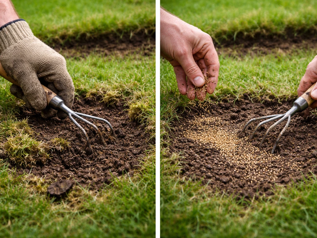 Hand krabt een kale plek open, verwijdert mos en zaait vervolgens gras in een tuin.