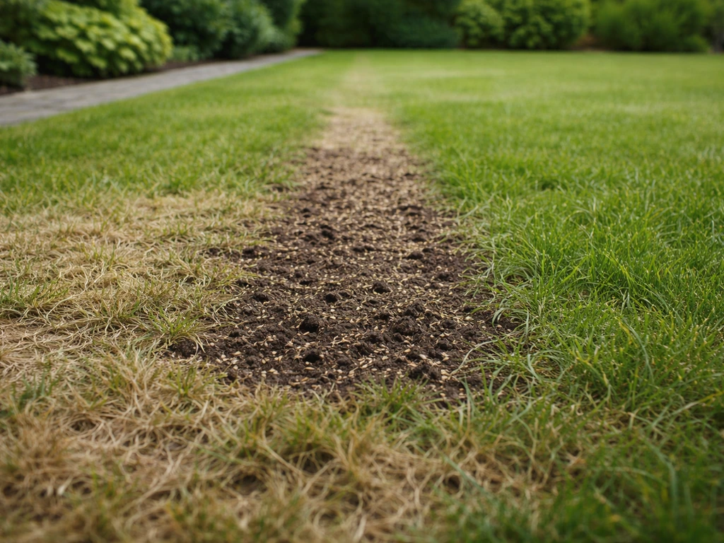 Deels bruin NL-gazon met opengewoelde plekken en doorzaaiherstel, zodat groen herstel zichtbaar is.