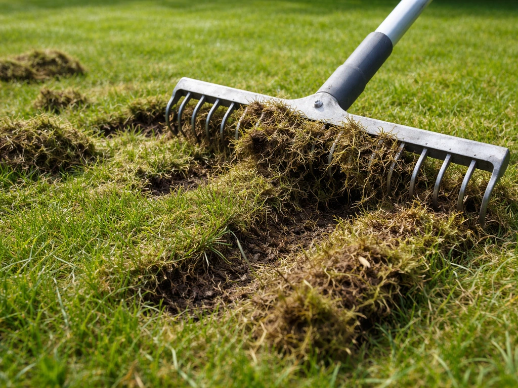 Iemand verticuteert een gazon en haalt vilt en mos los met een verticuteerhark; resten op het gras.