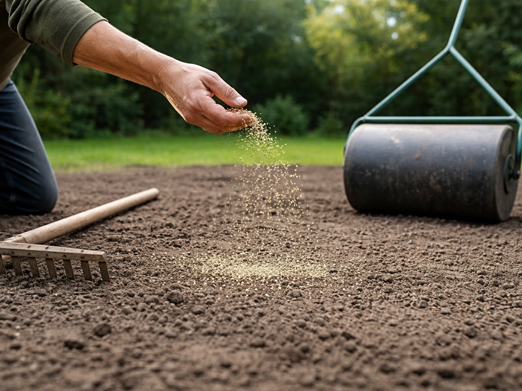 Hand met graszaad op kale grond, met hark en een dichtgerolde tuinrol voor egaliseren en contact met de bodem
