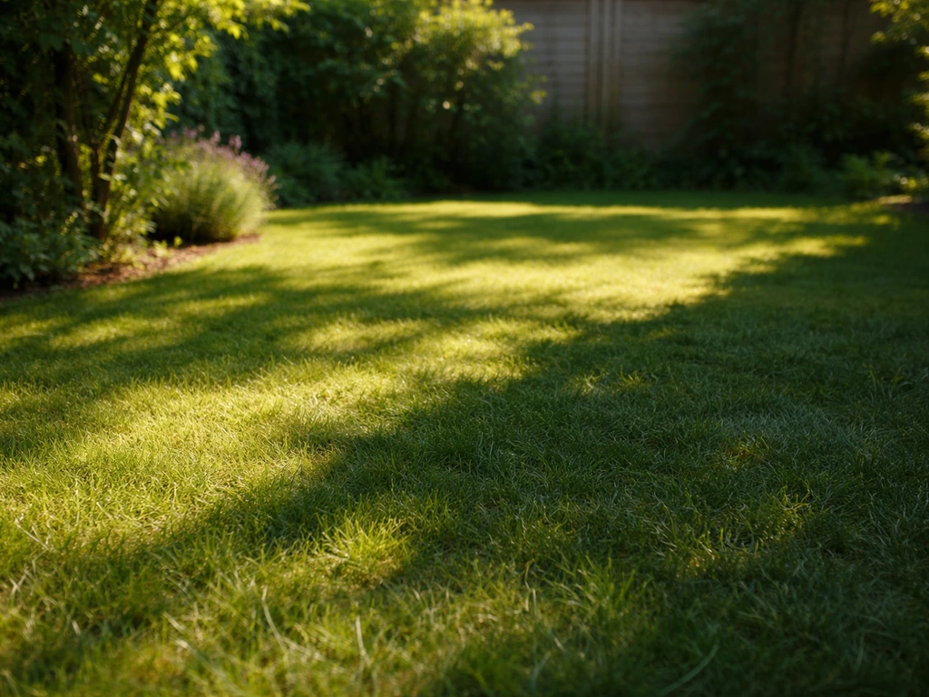 Licht en schaduw op een gazonstrook in een tuin, zodat je ziet welk deel zon krijgt.