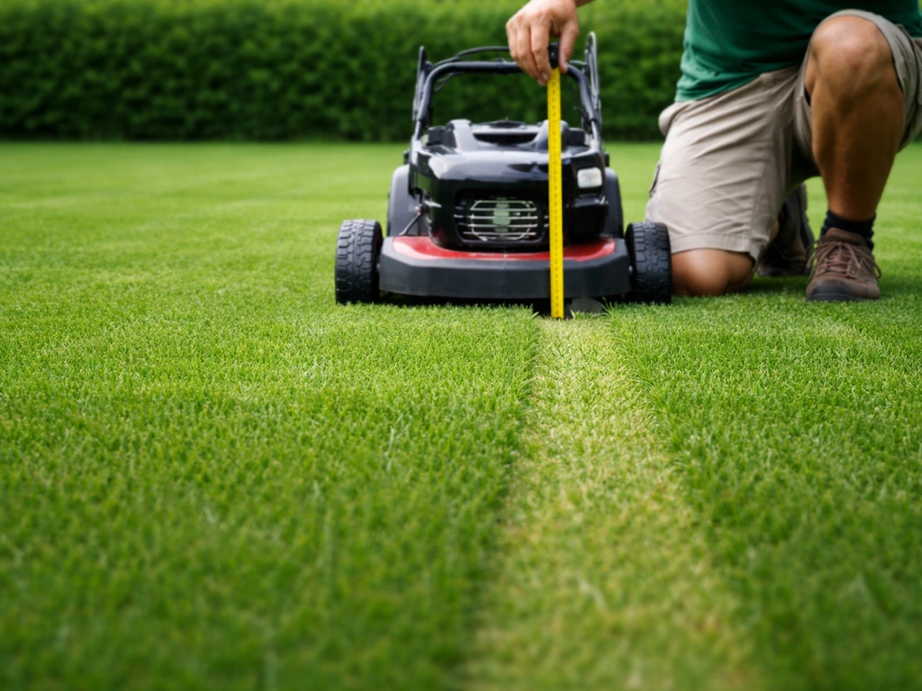 Maaier met meetlint in een tuin, gras kort en iets langer voor het juiste maaihoogte-voorbeeld.